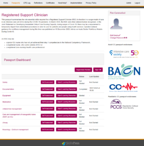 screenshot of Critical Care Skills Passport website passport dashboard