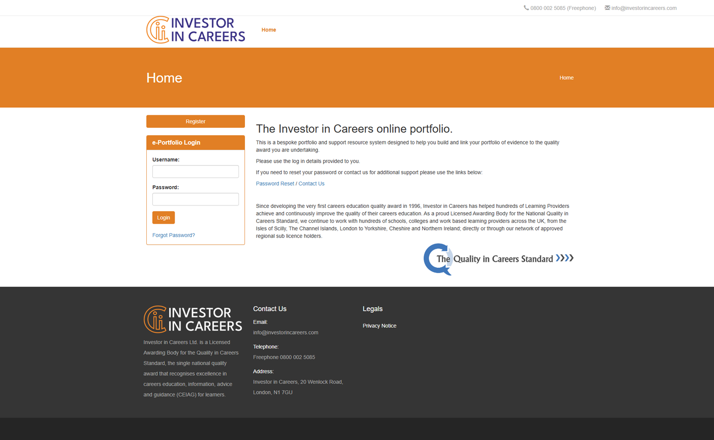 Screen capture of Investor in Careers e-portfolio login page