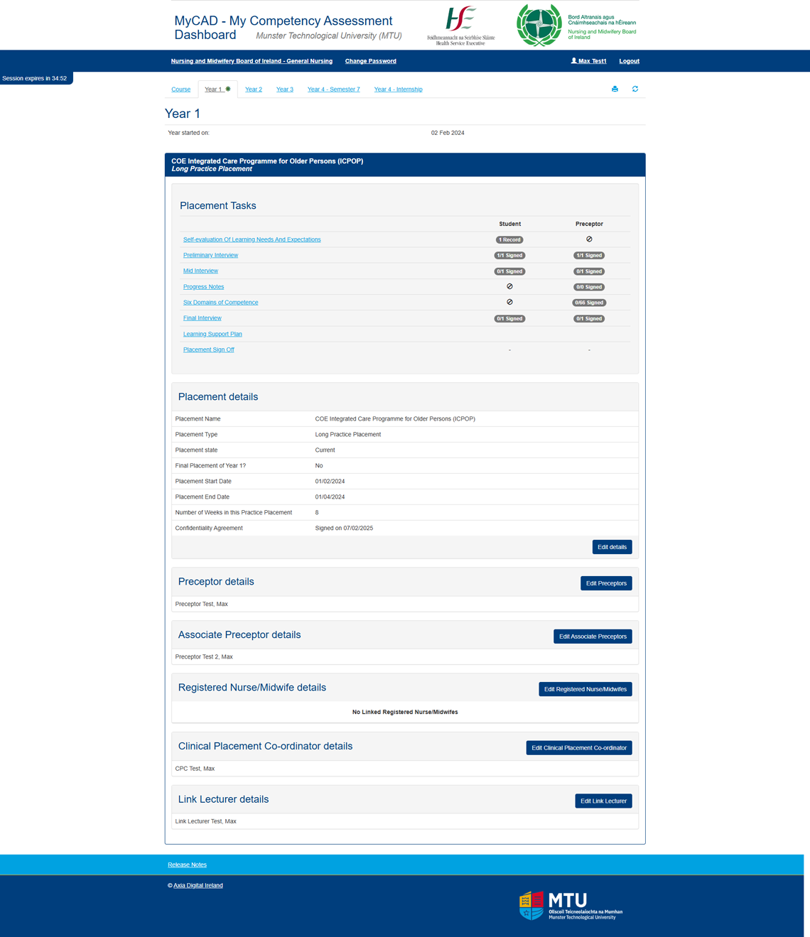 Screenshot showing the MTU MyCAD student dashboard